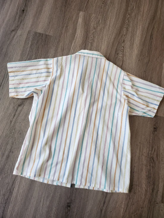 Vintage 90s Women's White Short-Sleeve Button Front Blouse Multi-Pastel Stripes - Picture 10 of 13